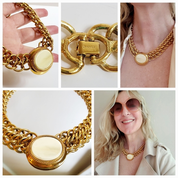 Rare! Chunky Vintage Monet Chain Link Choker with Ivory Center Stone - Picture 6 of 16